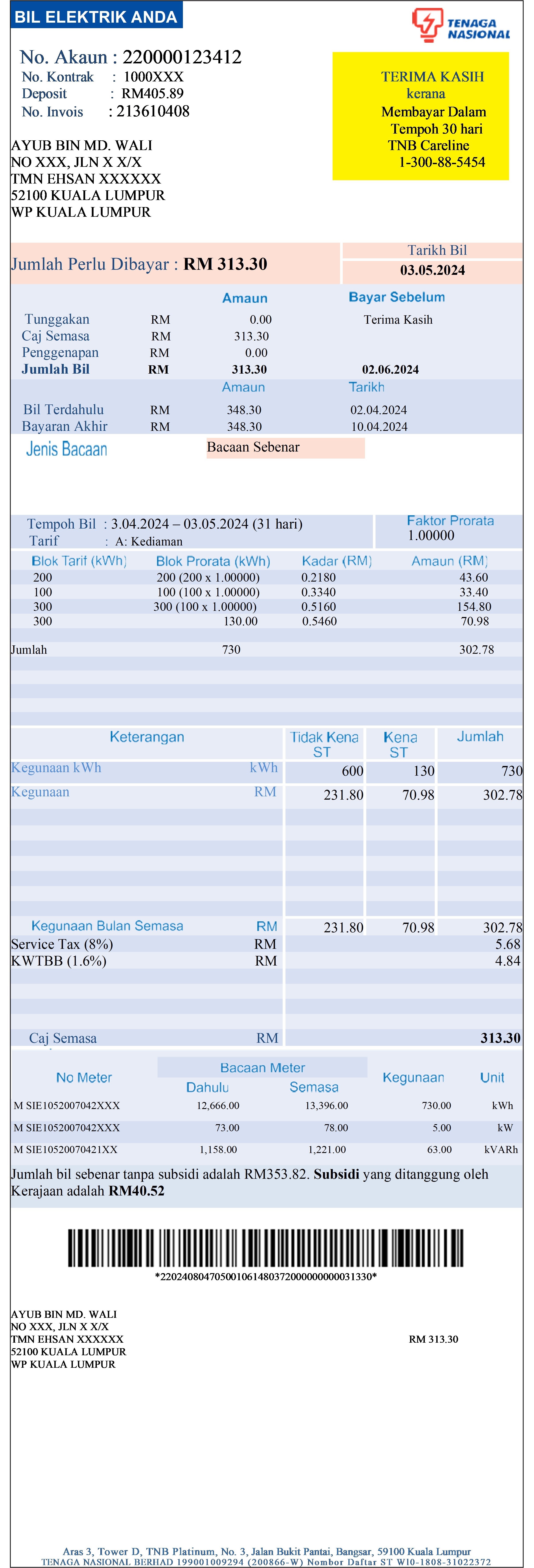 TNB Online Bill Layout Page 1